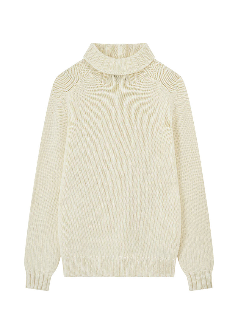 Mens undyed wool cream roll neck sweater on a white background