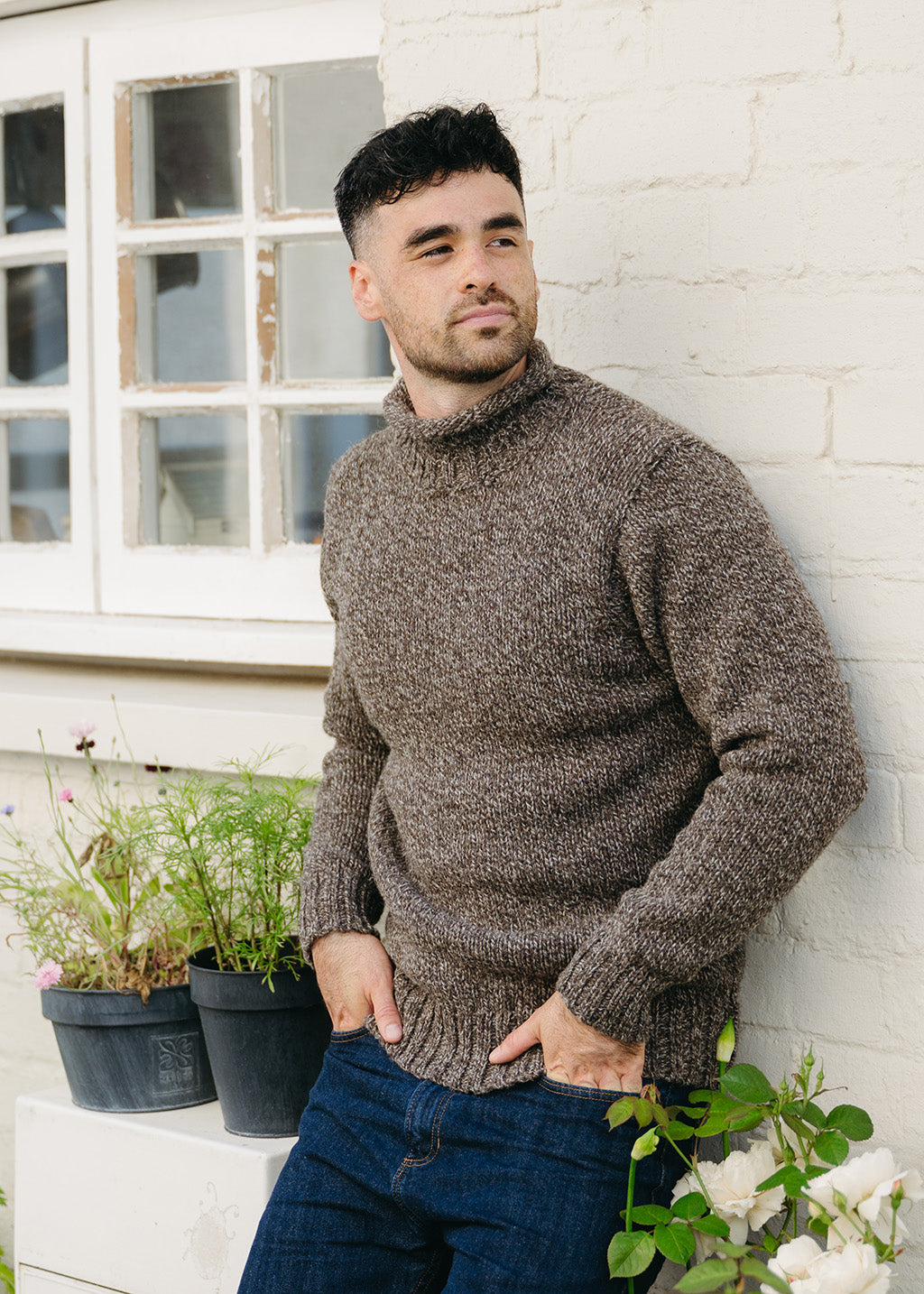 Mens Chunky Roll Neck Jumper - Undyed British wool brown pebble