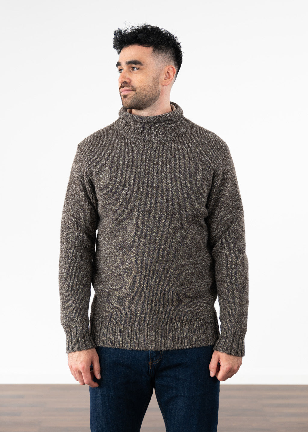 Mens Chunky Roll Neck Jumper - Undyed British wool brown pebble
