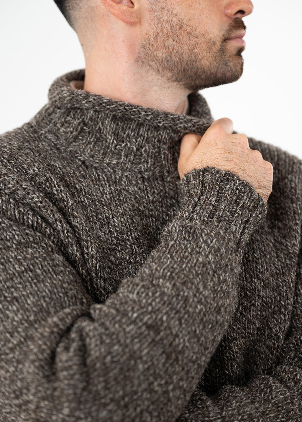 Mens Chunky Roll Neck Jumper - Undyed British wool brown pebble
