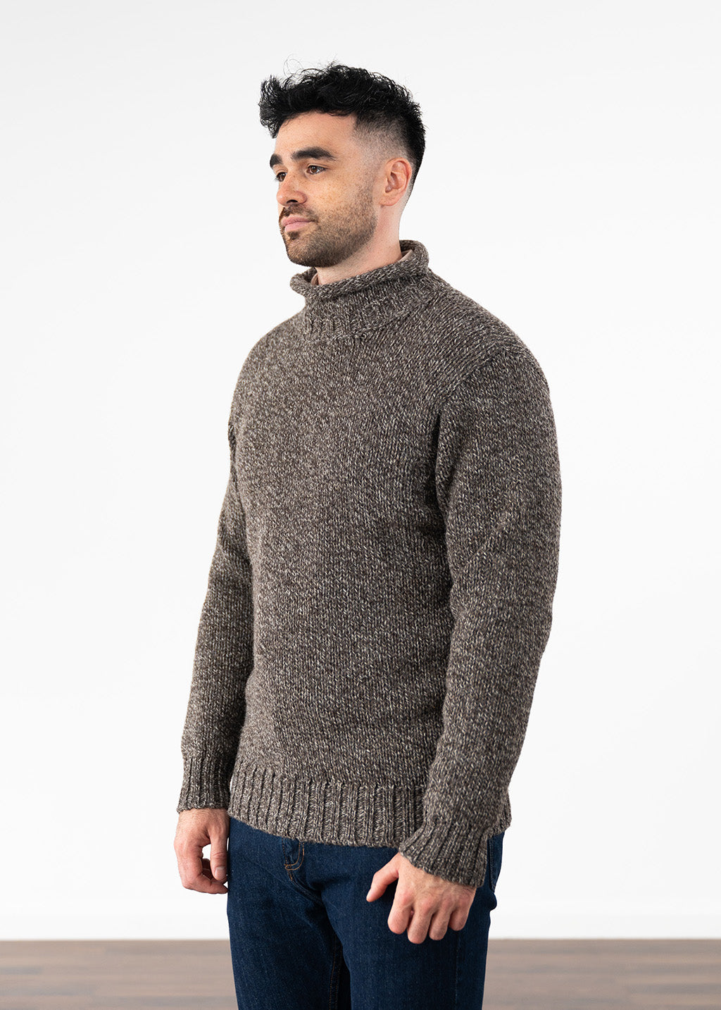Mens Chunky Roll Neck Jumper - Undyed British wool brown pebble