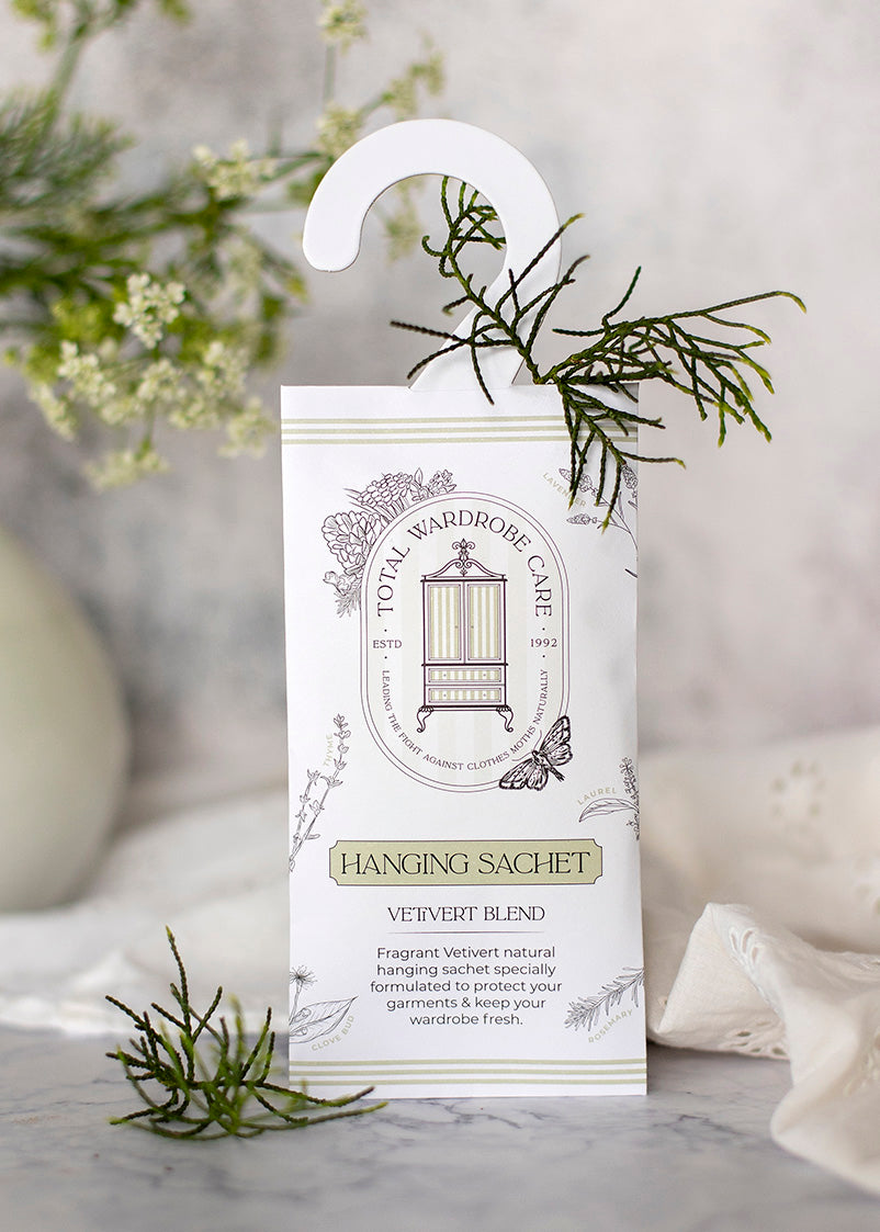 Anti-clothes moth hanging wardrobe sachet with flowers and white fabric