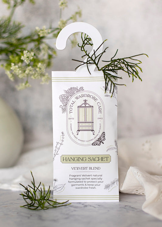 Anti-clothes moth hanging wardrobe sachet with flowers and white fabric