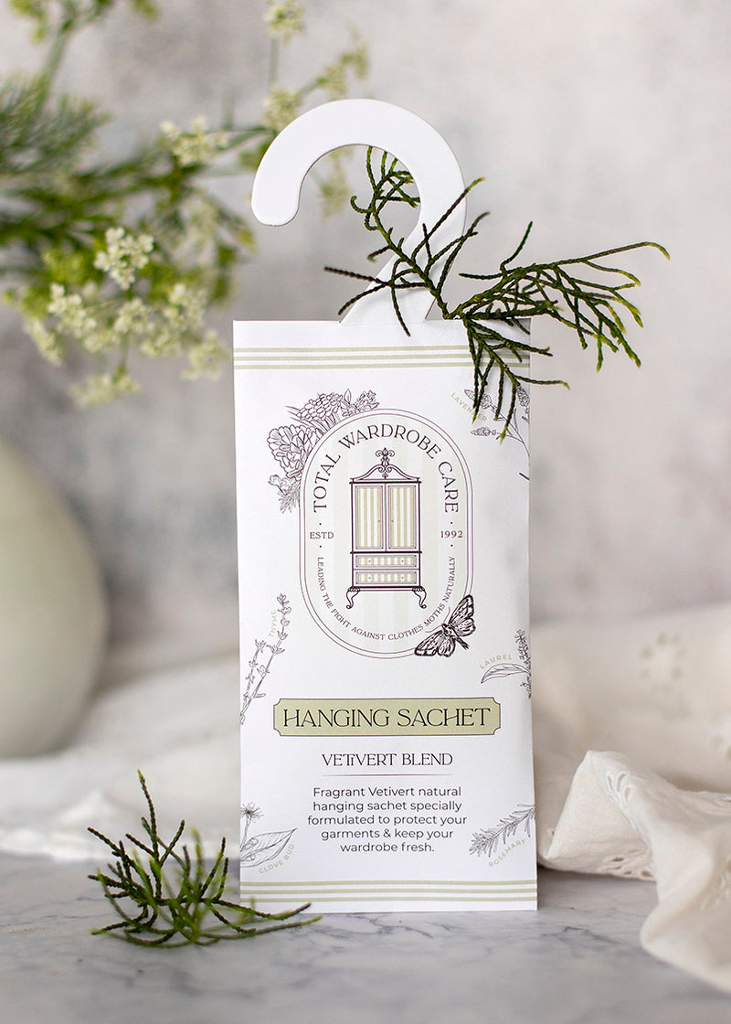 Anti-clothes moth hanging wardrobe sachet with flowers and white fabric