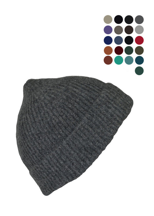 A dark grey ribbed knit beanie hat shown on a plain white background, with a small grid of color swatches in the upper right corner.