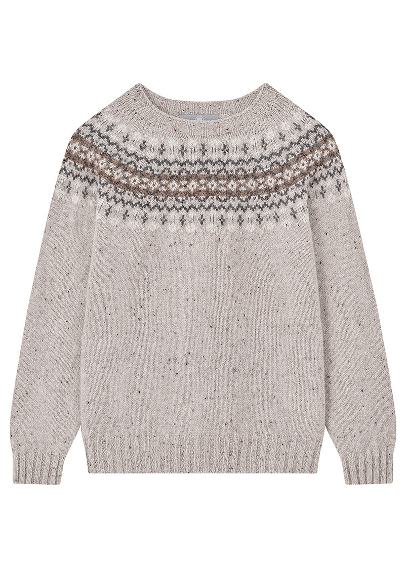 womens fair isle jumper in warm grey with patterns of brown, grey and white at the yoke, on a white background