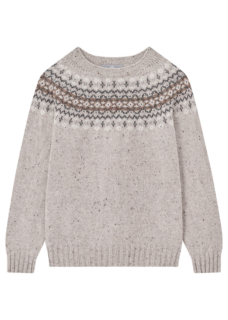 womens fair isle jumper in warm grey with patterns of brown, grey and white at the yoke, on a white background
