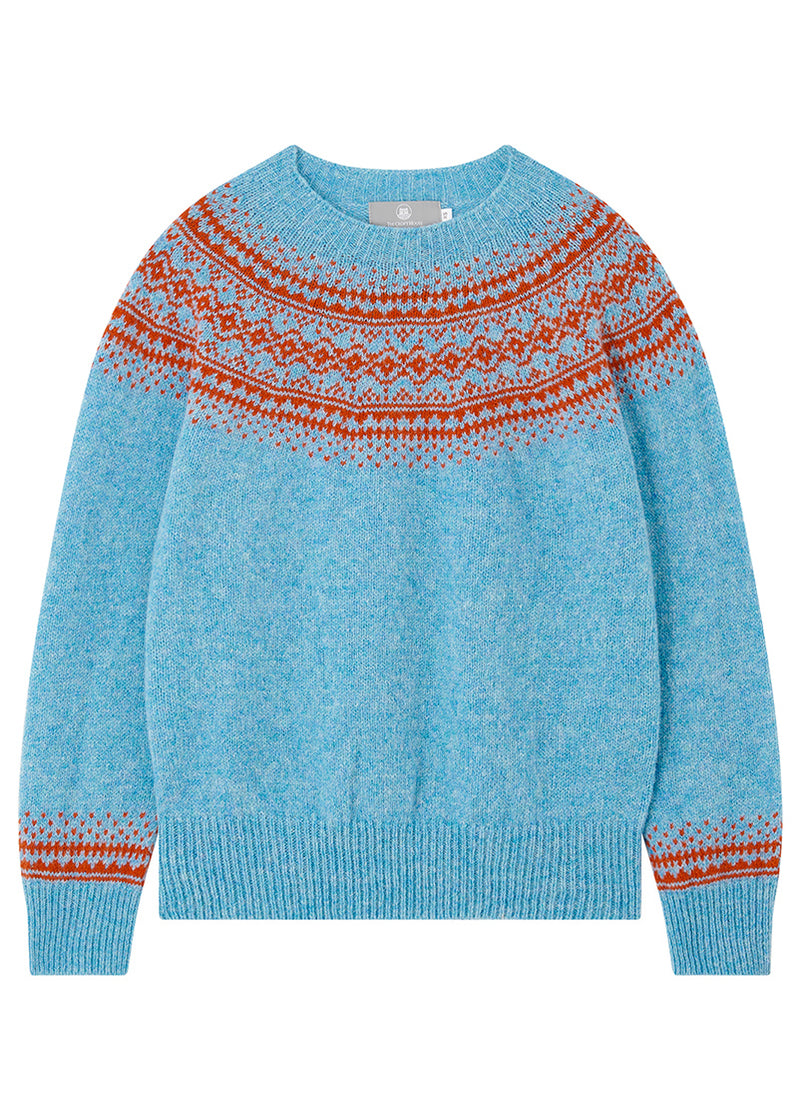 Duck egg blue sweater with red fair isle pattern on a white background