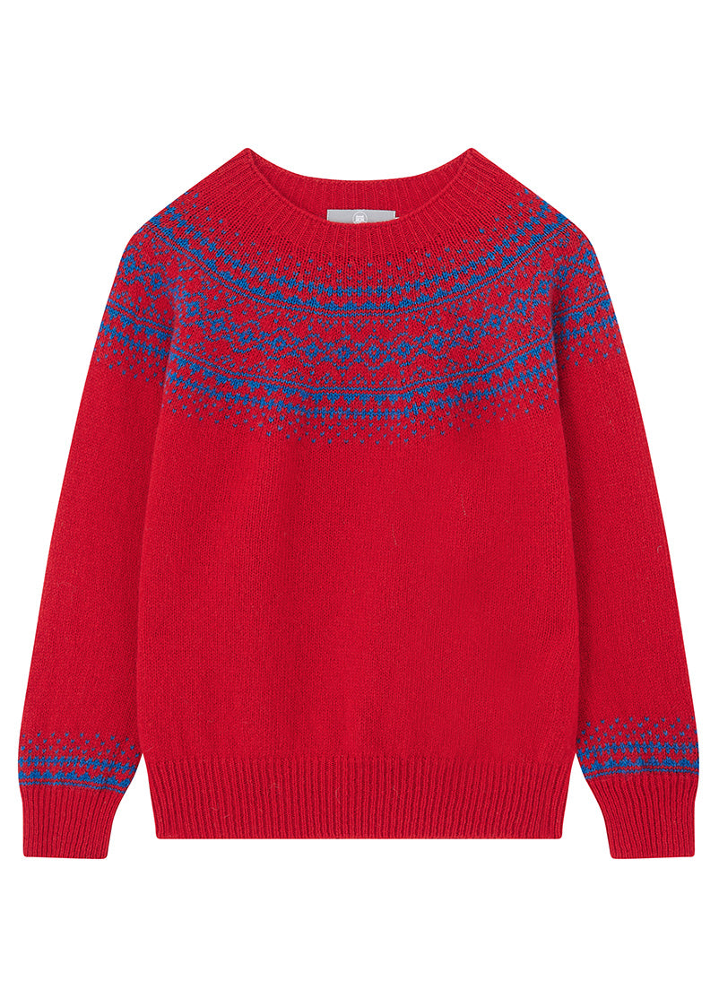Womens ruby red fair isle jumper with cobalt blue pattern at the yoke on a white background