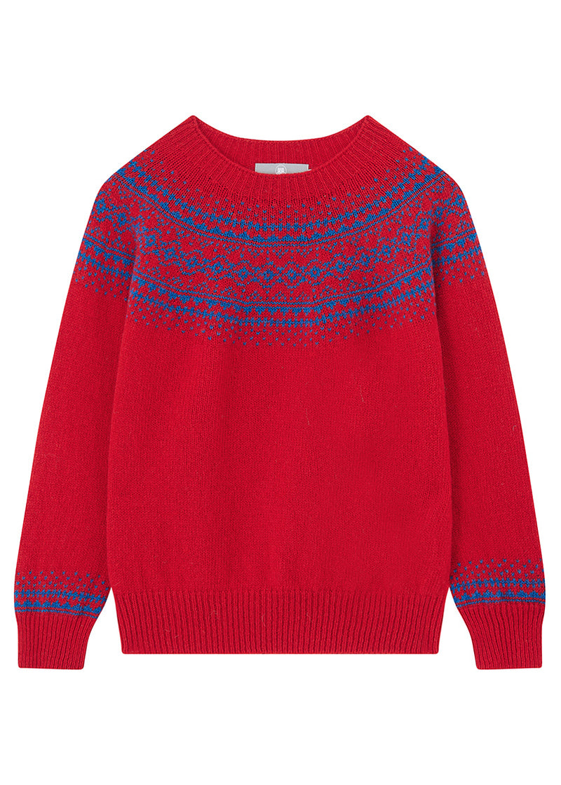 Womens ruby red fair isle jumper with cobalt blue pattern at the yoke on a white background