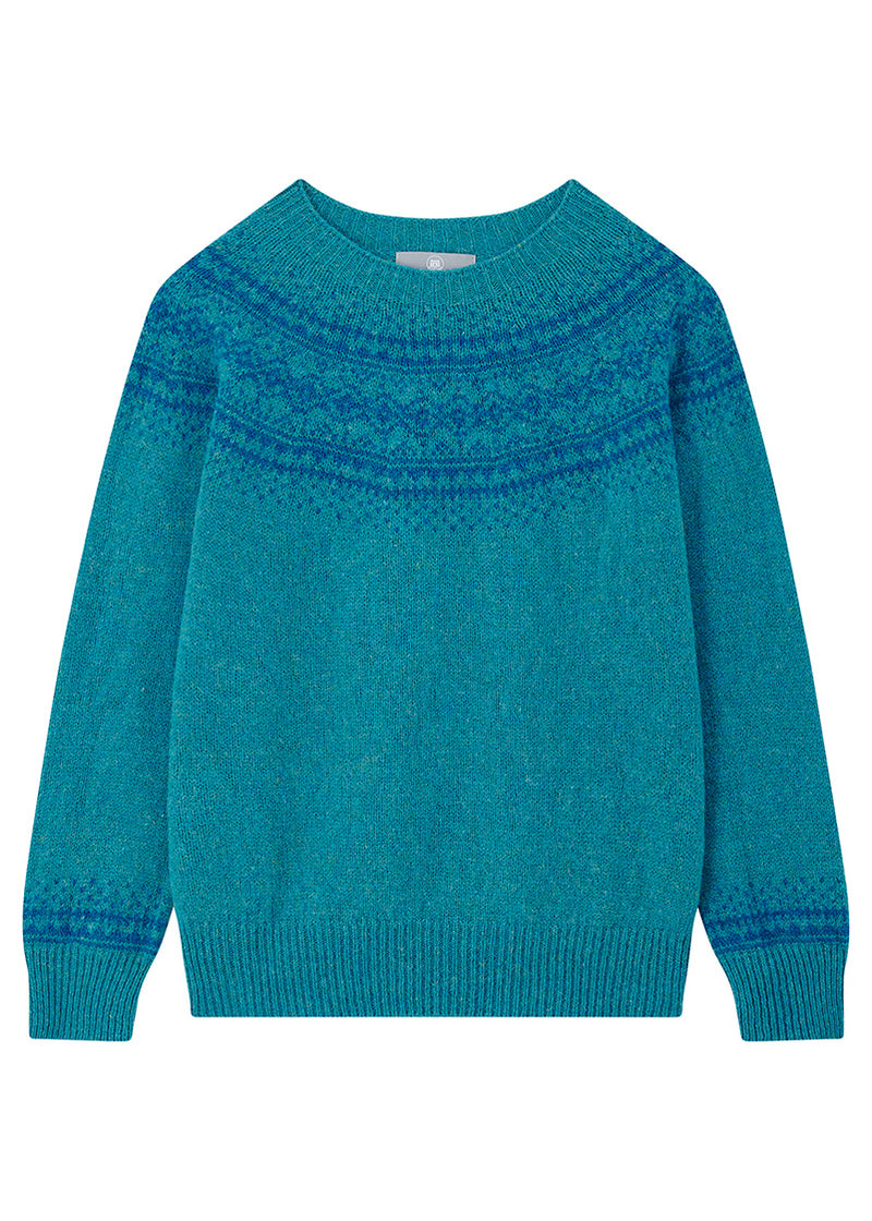 Womens Teal blue fair isle jumper with tonal blue pattern at the yoke on a white background