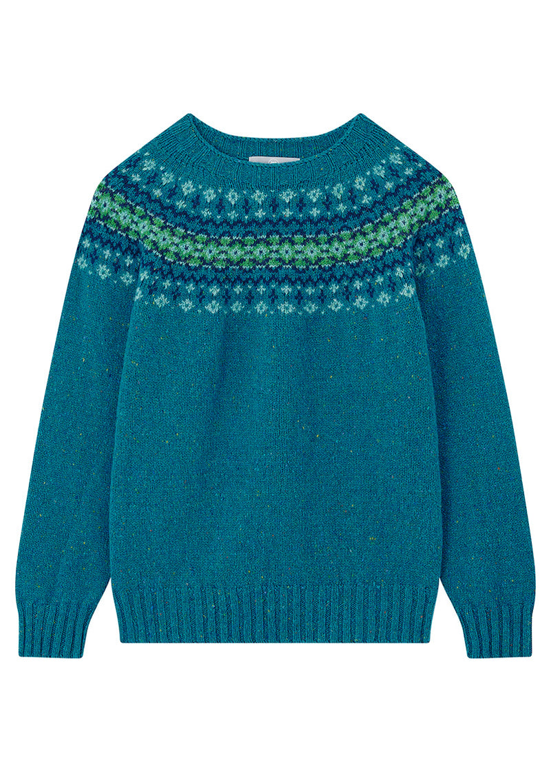 teal womens fair isle jumper with green pattern at the yoke on a white 
