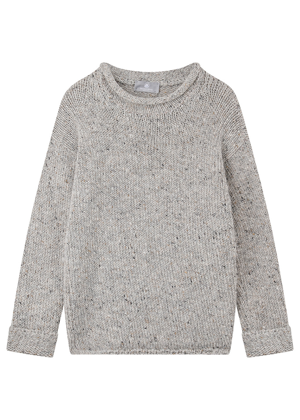 A light gray knit sweater with a subtle black and white heathered texture, featuring a crew neck and long sleeves, shown against a plain white background.