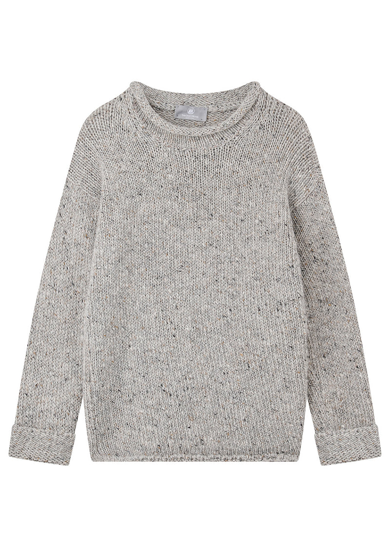 A light gray knit sweater with a subtle black and white heathered texture, featuring a crew neck and long sleeves, shown against a plain white background.