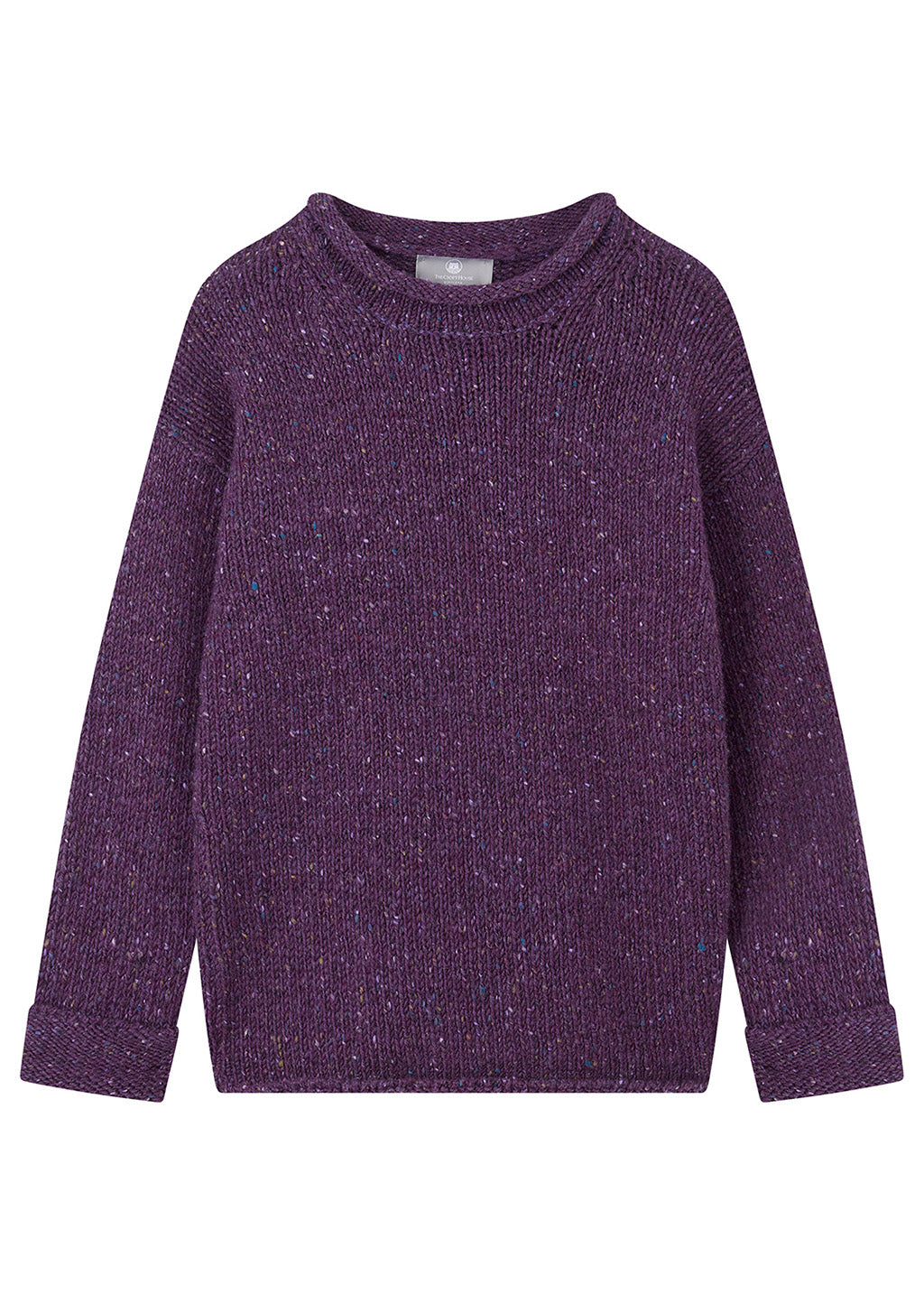A long-sleeve crewneck knit sweater in a heathered purple color with subtle multicolored flecks, shown flat against a white background.