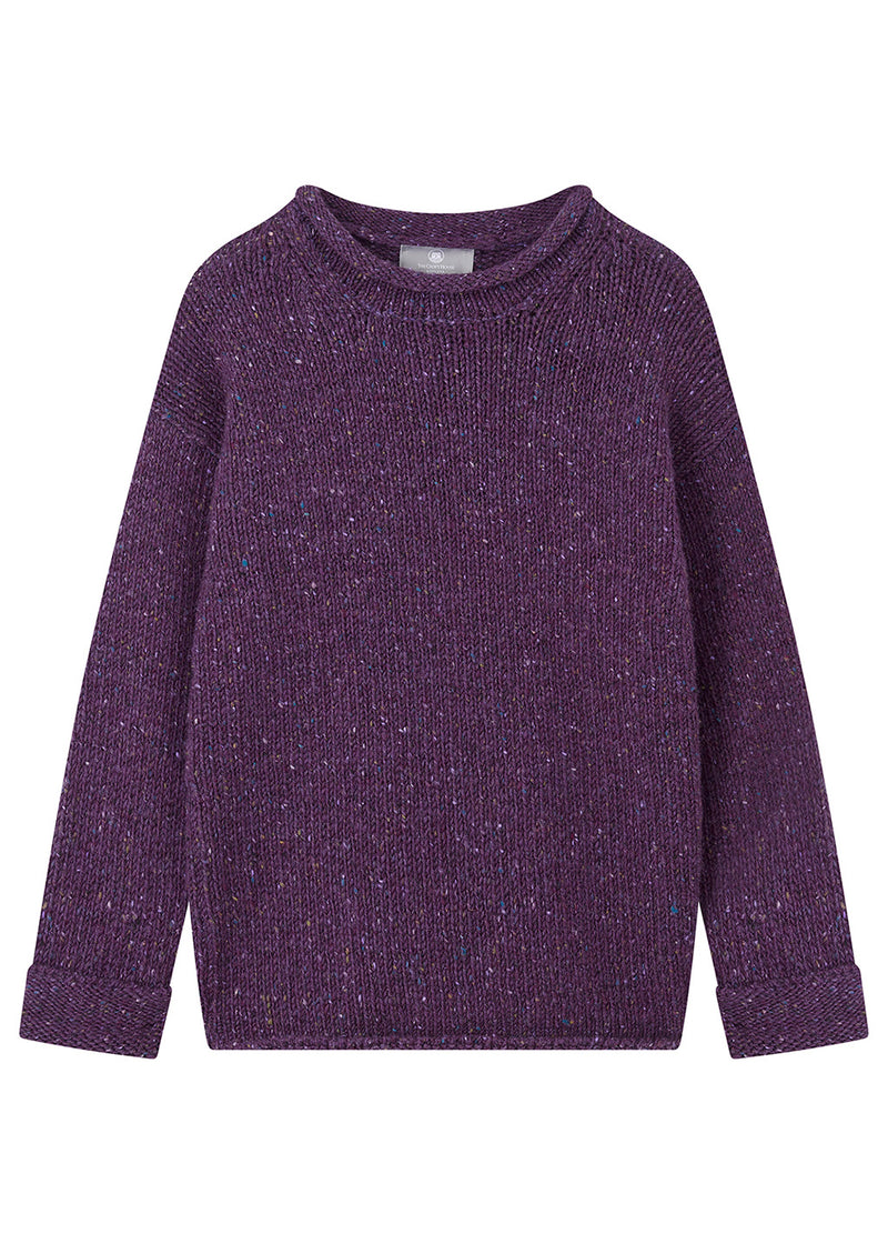 A long-sleeve crewneck knit sweater in a heathered purple color with subtle multicolored flecks, shown flat against a white background.