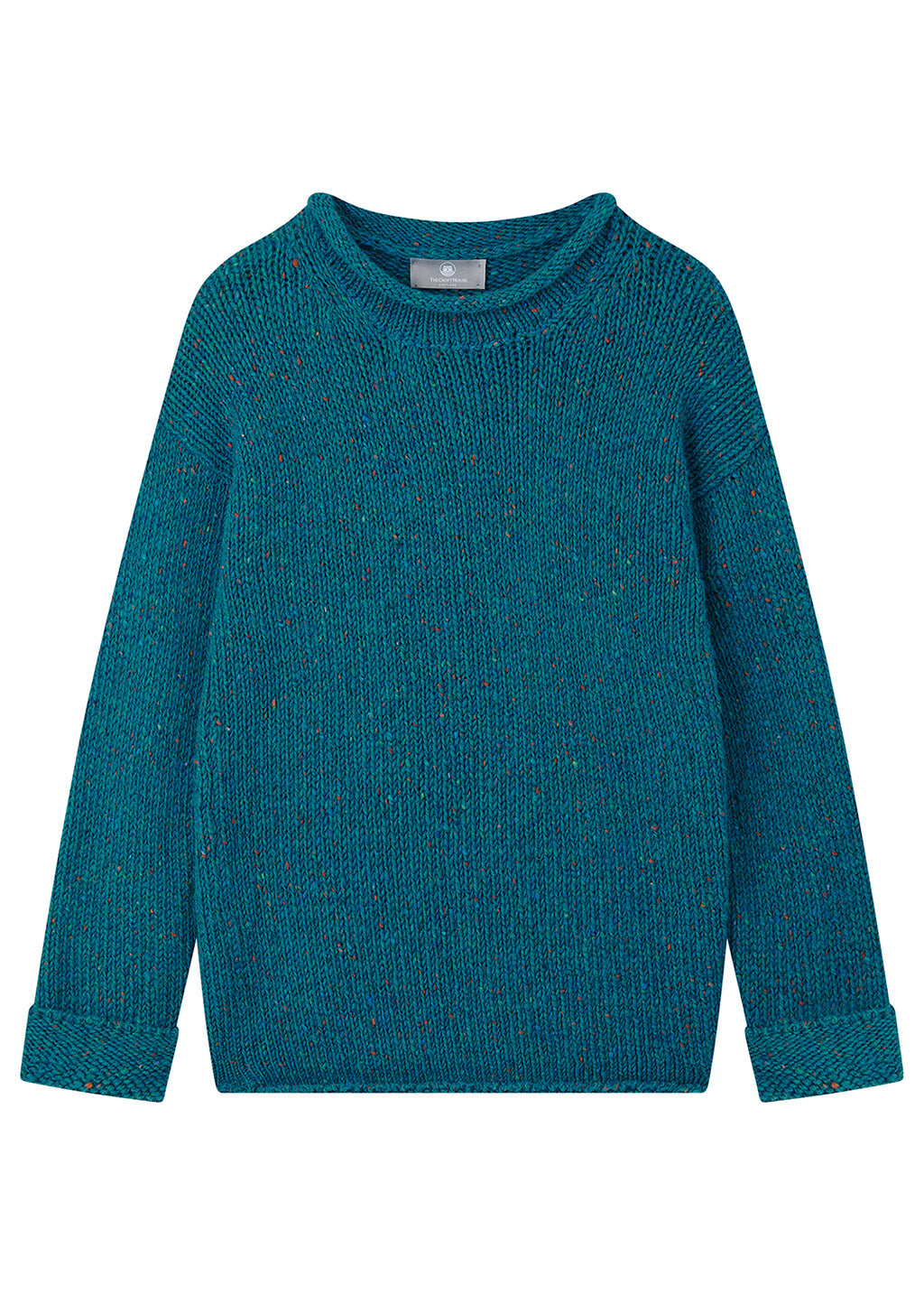 A teal blue-green knit sweater with subtle multicolor flecks, featuring a crew neck and long sleeves with rolled cuffs, shown flat on a white background.