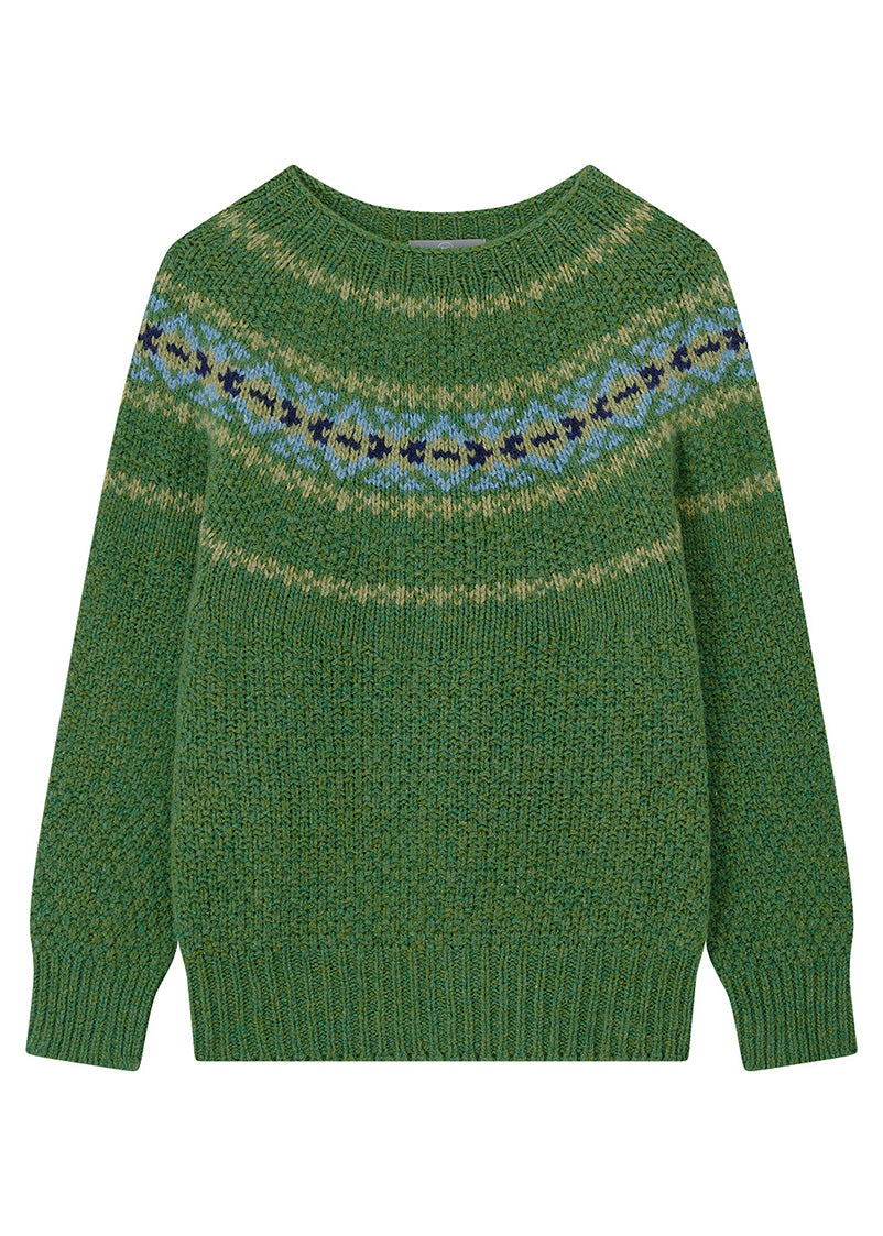 Womens Textured Chunky Knit Wool Yoke Fair Isle Jumper in Green