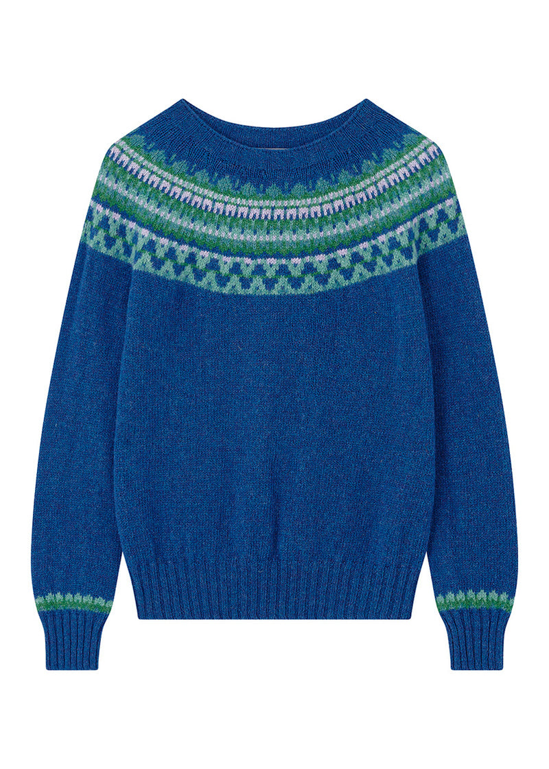 womens cobalt blue fair isle jumper with green and lilac patterns at the yoke  on a white background
