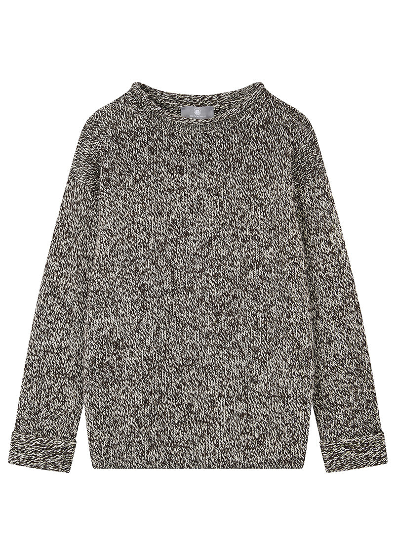 womens black and ecru marl undyed wool jumper with deep turn back cuffs on a white background