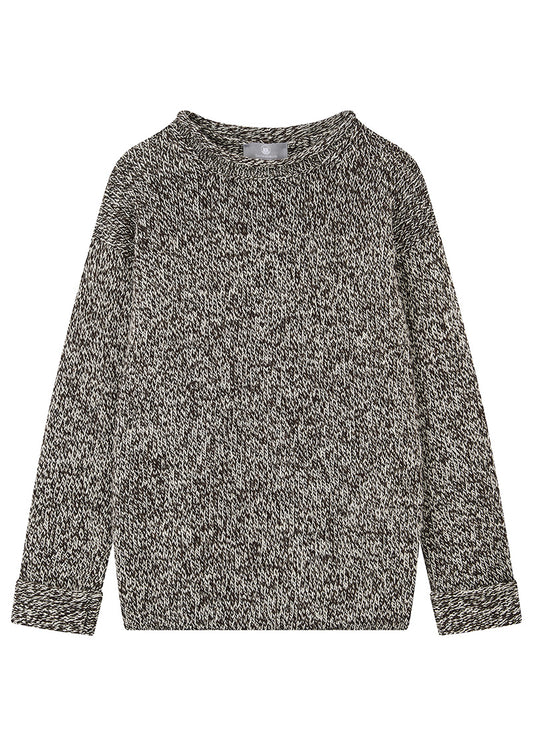 womens black and ecru marl undyed wool jumper with deep turn back cuffs on a white background