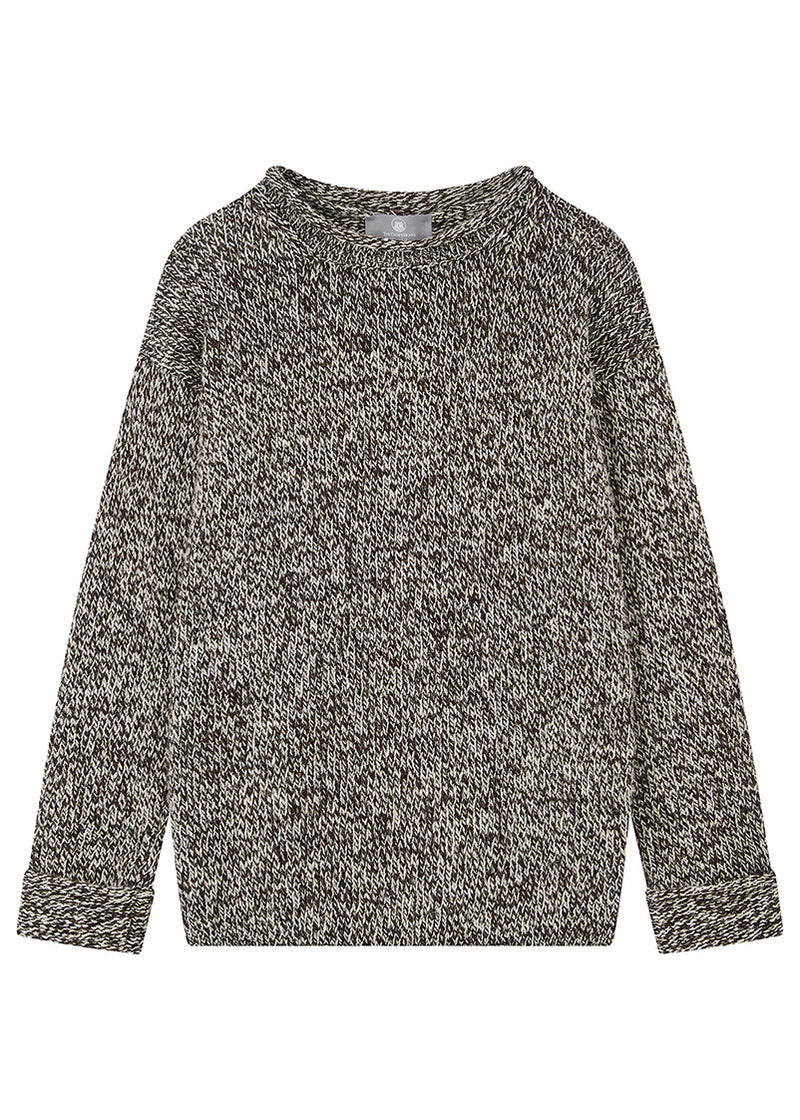 womens black and ecru marl undyed wool jumper with deep turn back cuffs on a white background