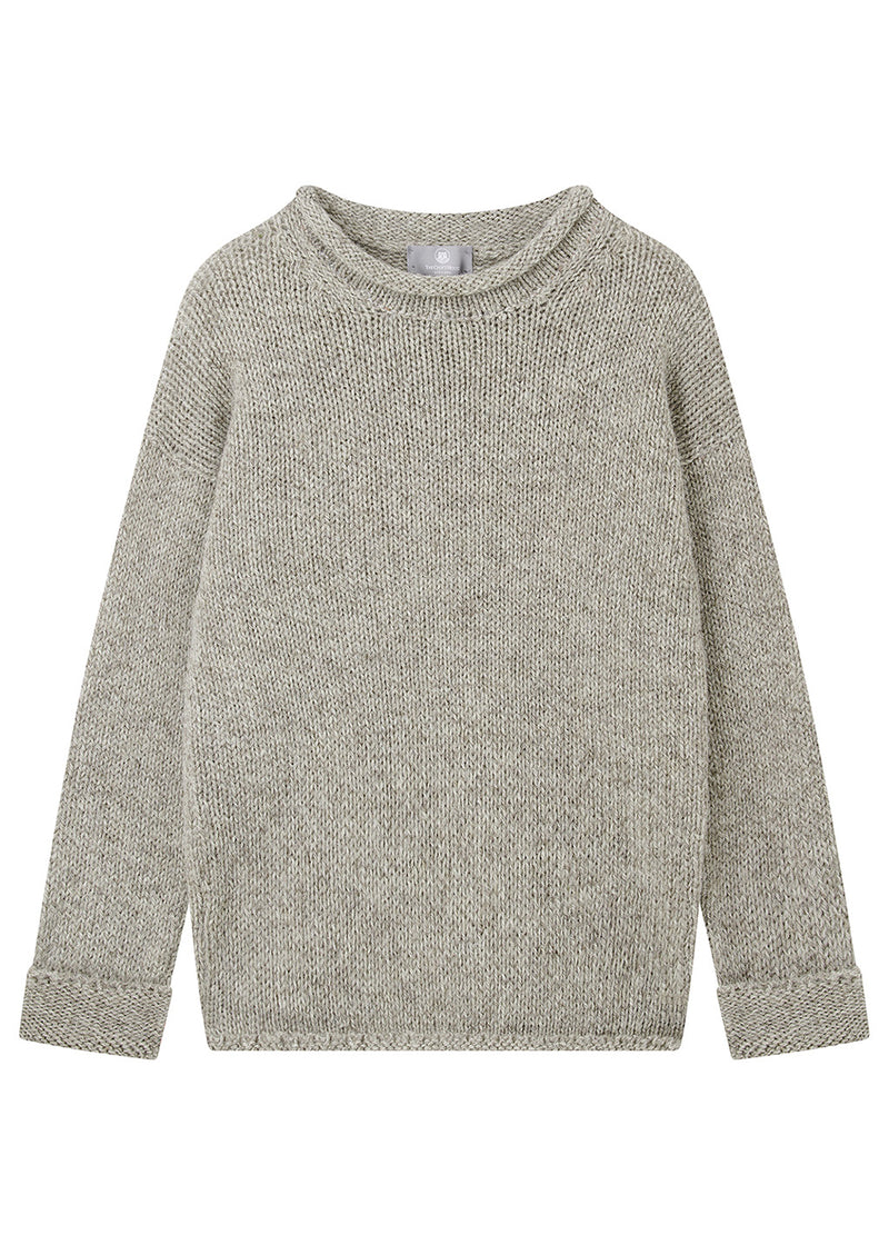 A light grey-brown heathered knit sweater with a crew neck and long sleeves, shown flat against a plain white background.