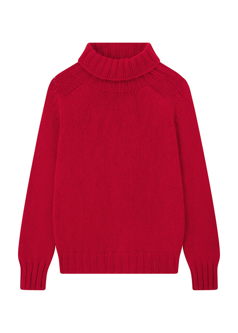 Womens ruby red chunky wool polo neck jumper on a white background