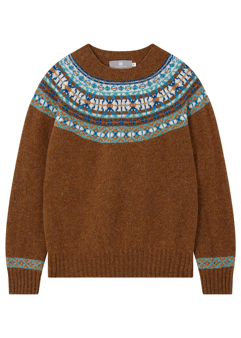festival yoke fair isle jumper sienna rust on a white background
