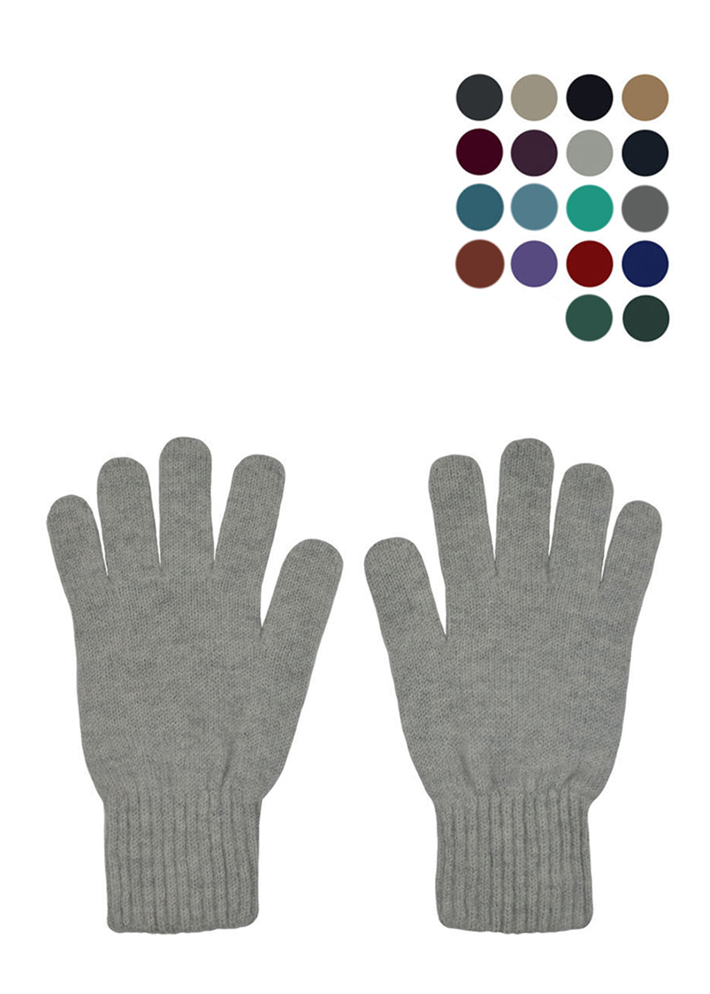 A pair of light grey knitted lambswool gloves laid flat on a white background with 18 colour swatch dots above in the right corner to show available colours.