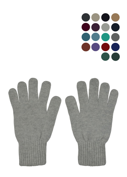 A pair of light grey knitted lambswool gloves laid flat on a white background with 18 colour swatch dots above in the right corner to show available colours.