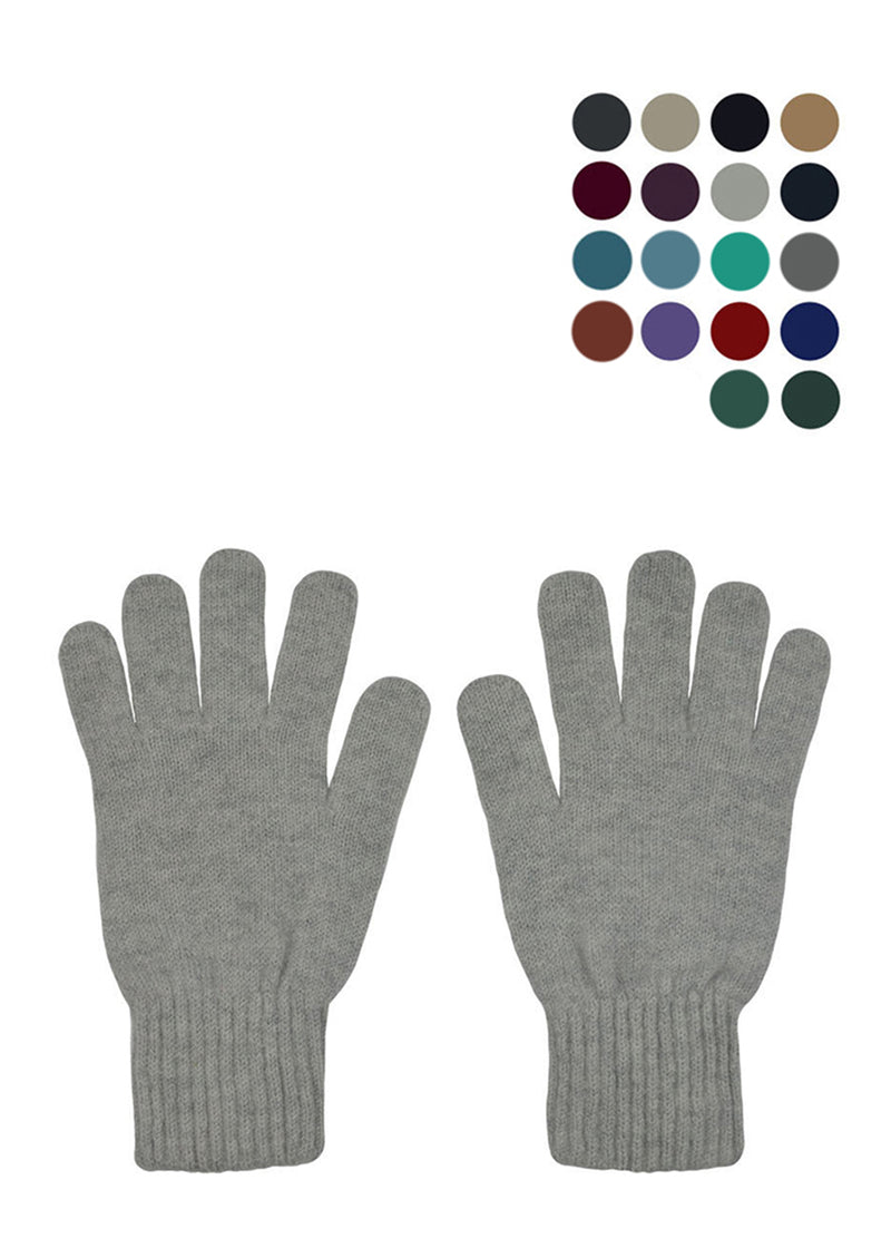 A pair of light grey knitted lambswool gloves laid flat on a white background with 18 colour swatch dots above in the right corner to show available colours.
