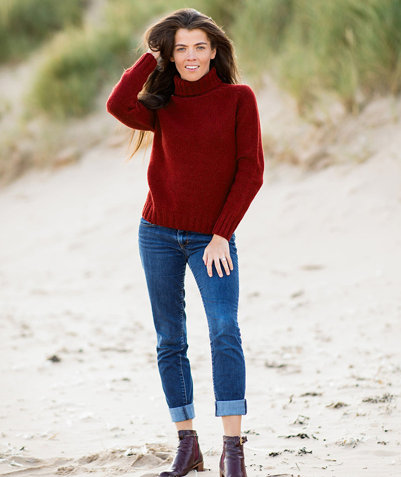 Womens red polo neck Jumper chunky super fine lambs wool