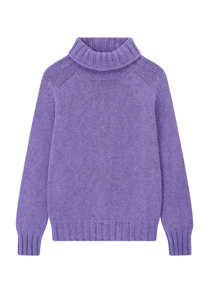Womens heather purple chunky wool polo neck jumper on a white background