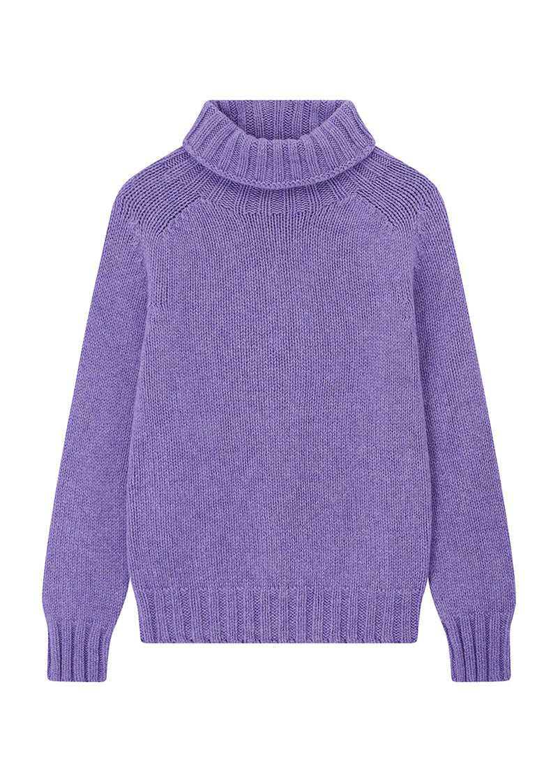 Womens heather purple chunky wool polo neck jumper on a white background