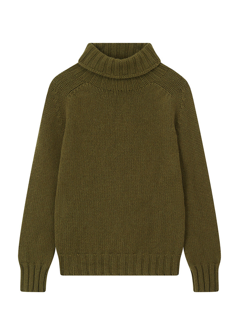 Womens olive green chunky wool polo neck jumper on a white background