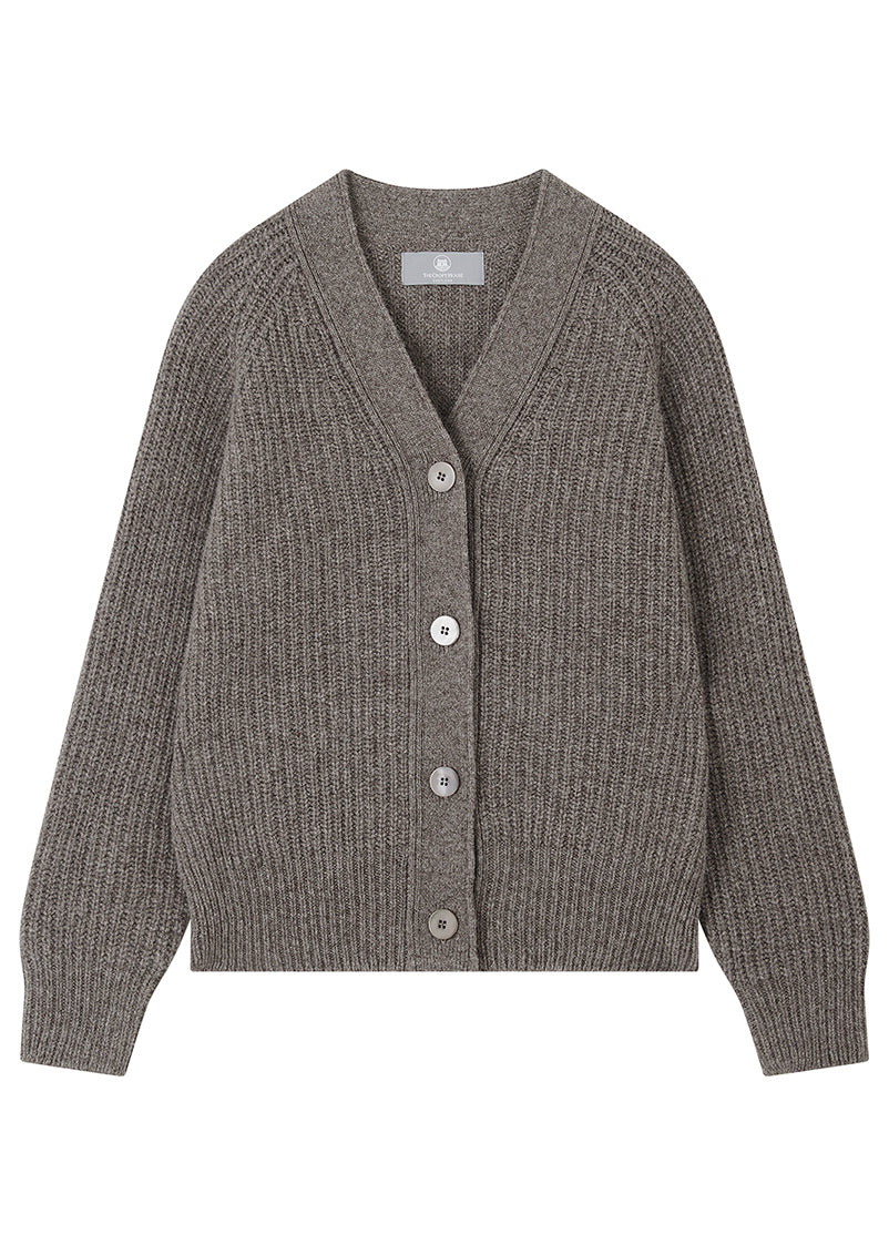 Soft Brown ribbed wool cardigan with buttons on a white background