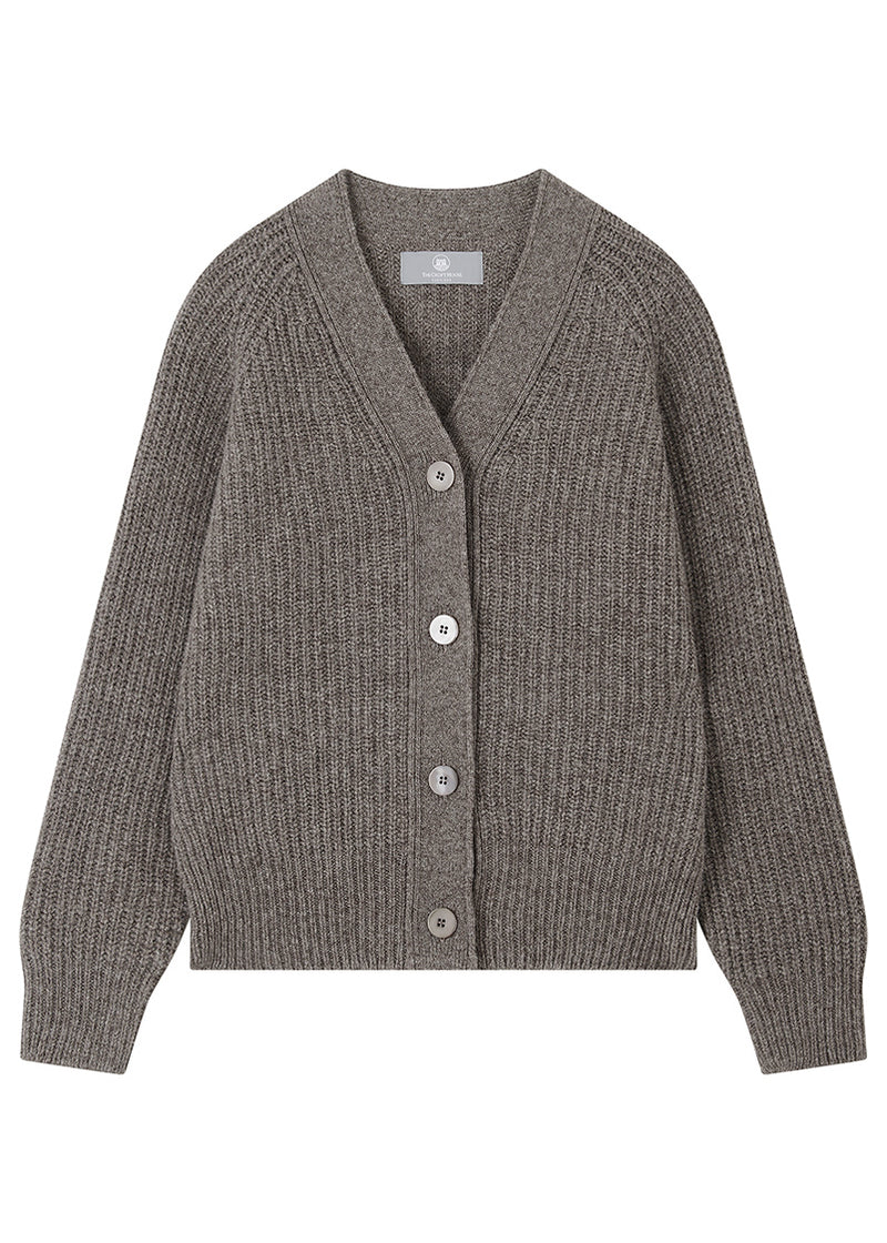 Soft Brown ribbed wool cardigan with buttons on a white background