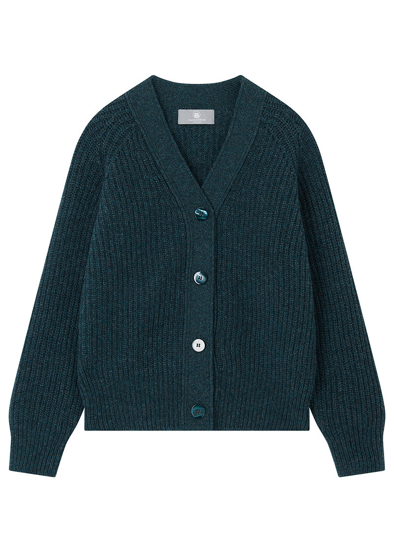 Teal green ribbed wool cardigan on a white background