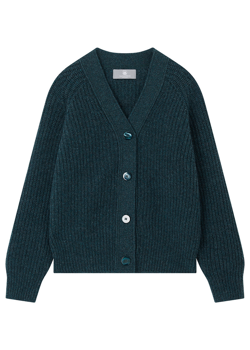 Teal green ribbed wool cardigan on a white background