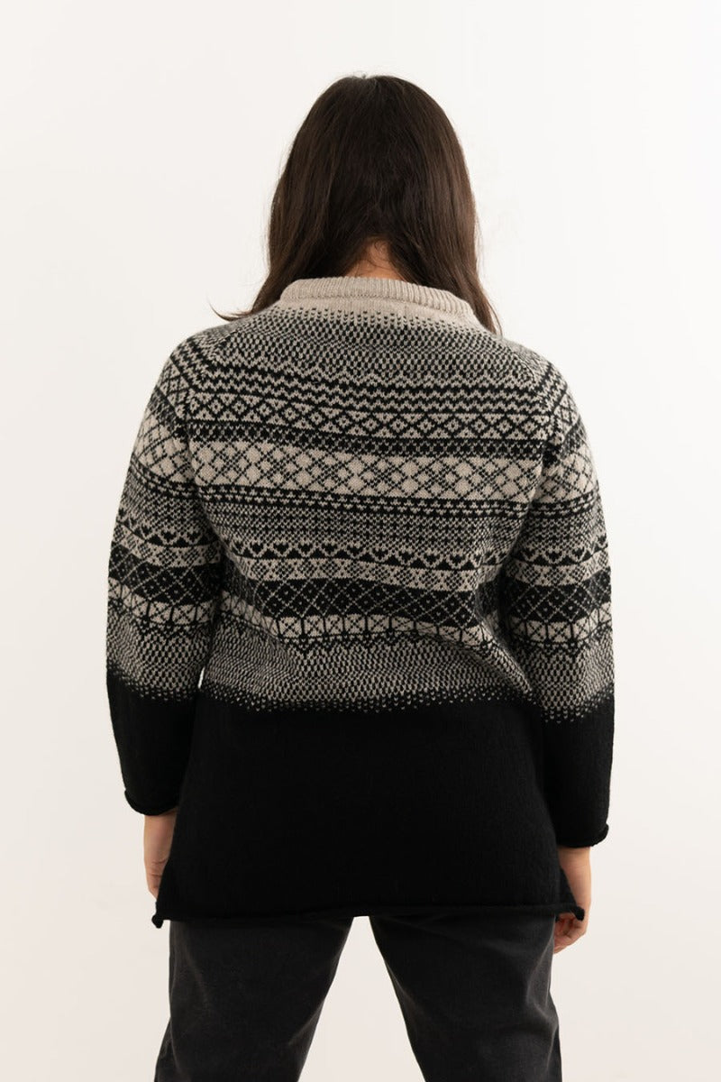 womens long fair isle wool jumper black beige