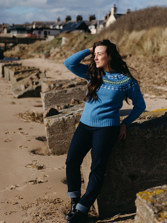 Womens Blue Fair Isle Jumper in Donegal Wool with Croft yoke pattern in ...