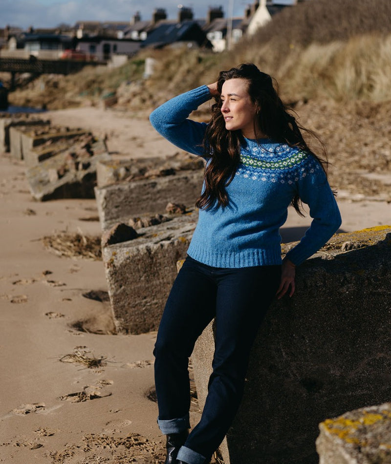 Womens Blue Fair Isle Jumper in Donegal Wool with Croft yoke pattern in ...