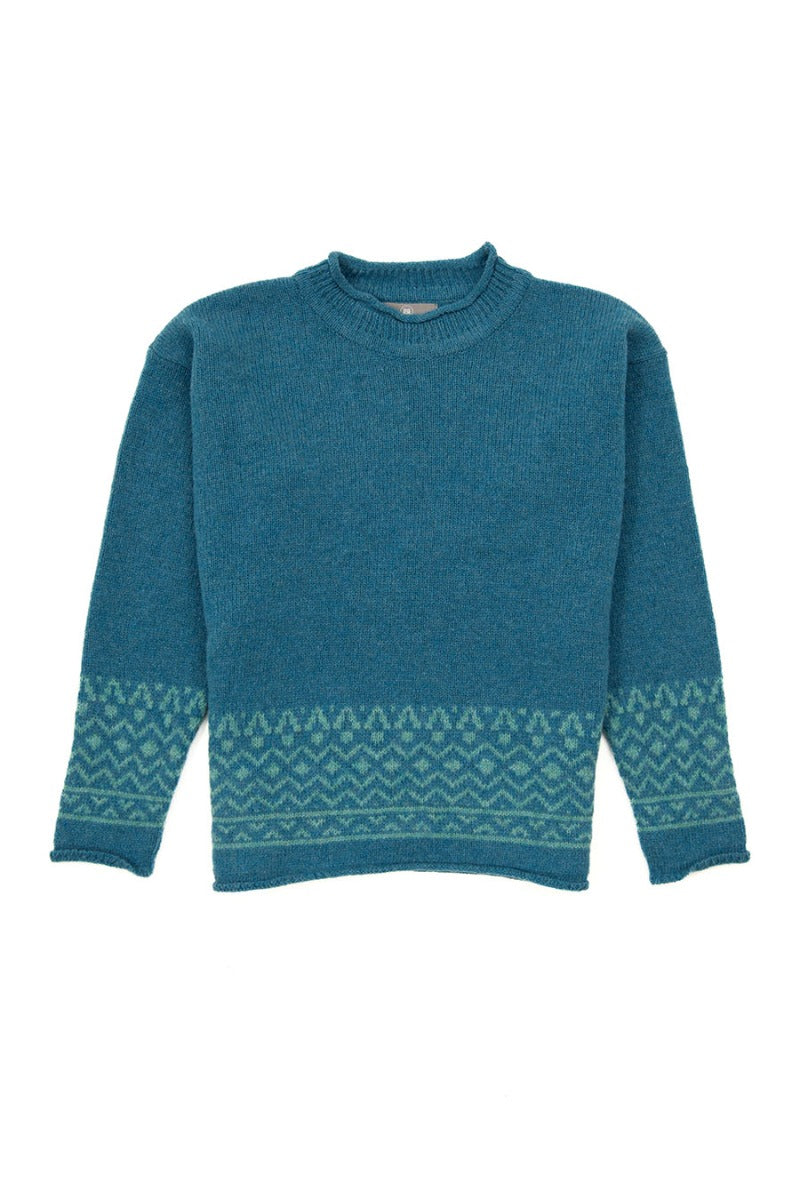 Shetland wool fair isle jumper in turquoise with aqua modern geometric pattern