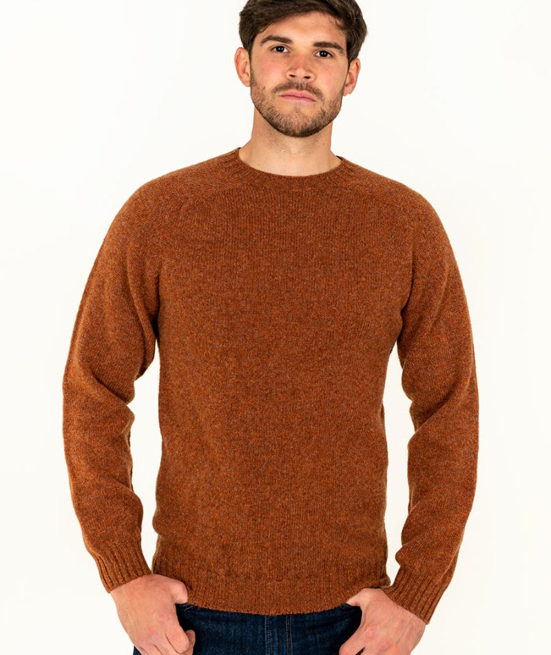 mens sienna rust brown shetland wool jumper sweater crew neck saddle shoulder