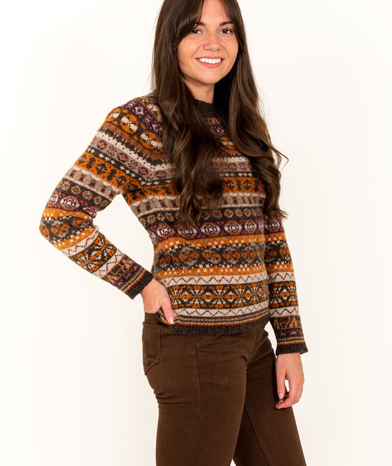 scottish made womens fair isle jumper drumtochty brown orange
