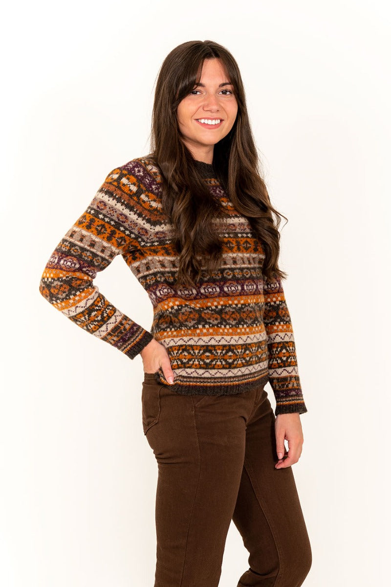 scottish made womens fair isle jumper drumtochty brown orange