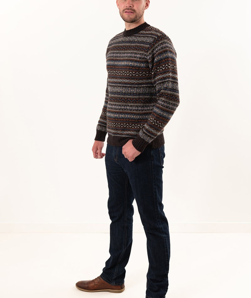 brown wool mens fair isle jumper sweater kinnaird blue rust