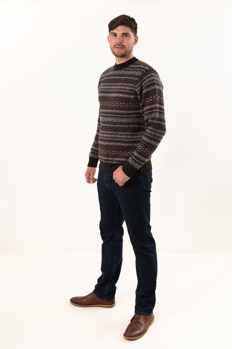 brown wool mens fair isle jumper sweater kinnaird blue rust