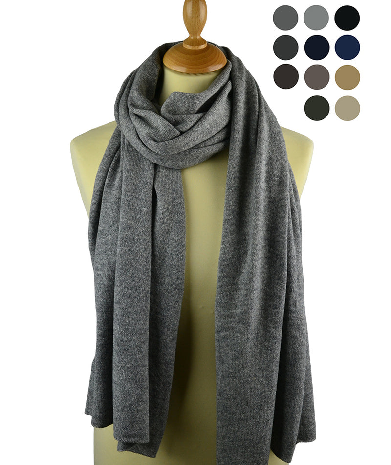 A cashmere knitted stole displayed on a mannequin, with 11 colour options shown in smaller images alongside.